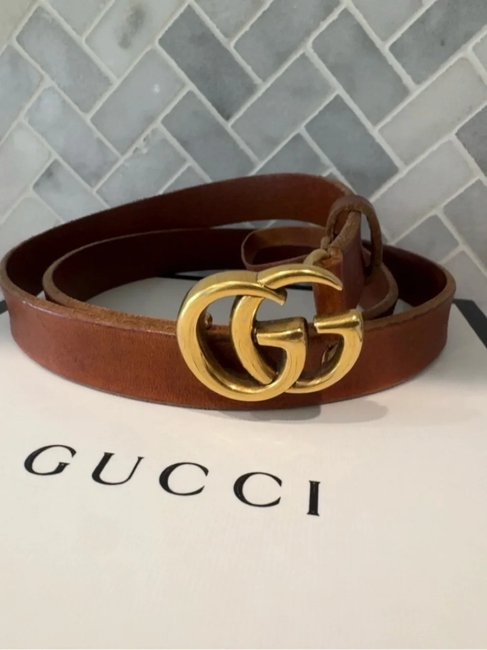 Gucci Thin Brown Leather Double G Belt with Gold Buckle